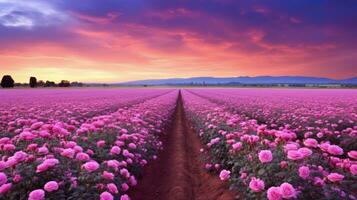 ai gerado rosa campo dentro a nascer do sol manhã com lindo céu foto