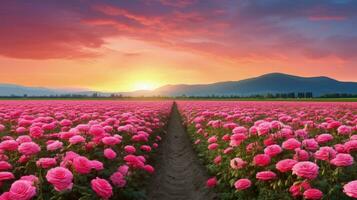 ai gerado rosa campo dentro a nascer do sol manhã com lindo céu foto