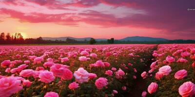 ai gerado rosa campo dentro a nascer do sol manhã com lindo céu foto