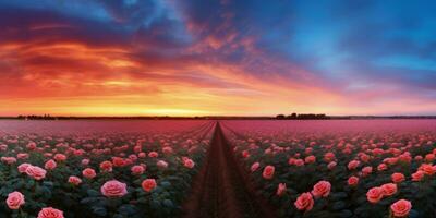 ai gerado rosa campo dentro a nascer do sol manhã com lindo céu foto