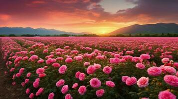 ai gerado rosa campo dentro a nascer do sol manhã com lindo céu foto