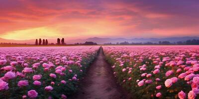 ai gerado rosa campo dentro a nascer do sol manhã com lindo céu foto