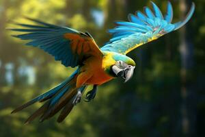 ai gerado vôo arara papagaio, colorida Amazonas arara papagaio contra selva, animais selvagens e floresta tropical exótico tropical pássaros ai gerado foto