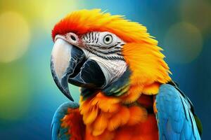 ai gerado fechar acima foto do arara papagaio, colorida retrato do Amazonas arara papagaio contra selva. lado Visão do selvagem papagaio cabeça . animais selvagens e floresta tropical exótico tropical pássaros ai gerado