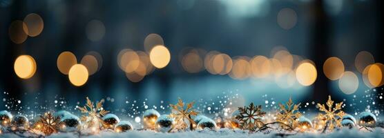 ai gerado Natal árvore ramo com neve e luz reflexões. foto