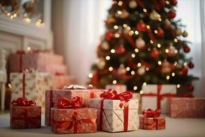 uma Natal presente, natal ou presente caixa objetos em feriado humor fundo dentro inverno. alegre Natal conceito de ai gerado foto