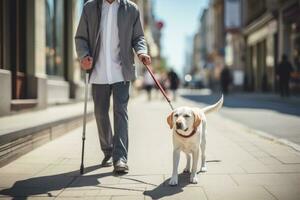 ai gerado cego homem caminhando acompanhado de dele Amado cachorro. generativo ai foto
