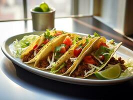 ai gerado delicioso mexicano tacos com carne e legumes. tradicional comida, latim americano, mexicano cozinha. fotorrealista, fundo com bokeh efeito. ai gerado. foto