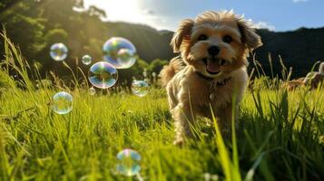 ai gerado foto do uma brincalhão cachorro perseguindo bolhas dentro uma exuberante verde. generativo ai