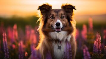 ai gerado foto do uma régio cachorro posando dentro uma campo do flores silvestres. generativo ai