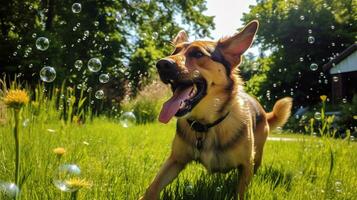 ai gerado foto do uma brincalhão cachorro perseguindo bolhas dentro uma exuberante verde. generativo ai