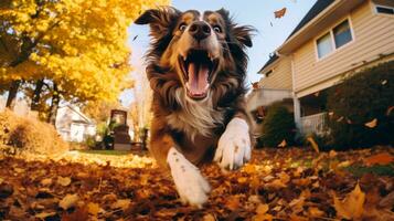 ai gerado foto do uma cachorro alegremente saltando para dentro uma pilha do outono folhas. generativo ai