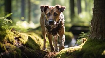 ai gerado foto do a aventureiro cachorro explorando uma denso floresta. generativo ai