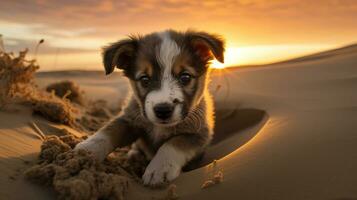 ai gerado foto do uma curioso cachorro explorando uma arenoso de praia às pôr do sol. generativo ai