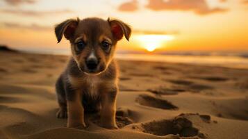 ai gerado foto do uma curioso cachorro explorando uma arenoso de praia às pôr do sol. generativo ai