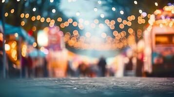 ai gerado generativo ai, Comida caminhão rua festival, borrado luzes fundo, atmosférico bokeh, silenciado cores foto