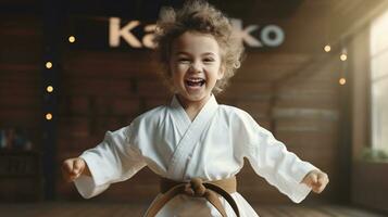 ai gerado generativo ai, criança vestido dentro uma branco karatê quimono, prática taekwondo, karatê, judo foto