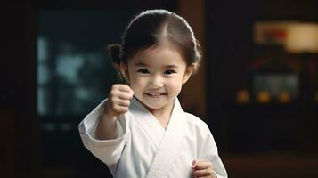 ai gerado generativo ai, criança vestido dentro uma branco karatê quimono, prática taekwondo, karatê, judo foto