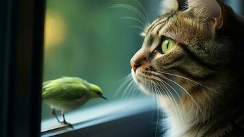 ai gerado foto do uma gato com brilhante verde olhos encarando intenção. generativo ai