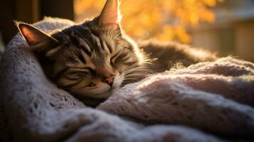 ai gerado foto do uma sonolento gato enrolado acima em uma acolhedor cobertor. generativo ai