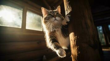 foto do uma gato alcançando acima para uma coçar postar com. generativo ai