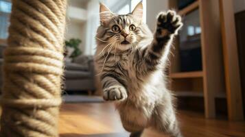 foto do uma gato alcançando acima para uma coçar postar com. generativo ai