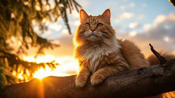 foto do uma gato empoleirado em uma árvore ramo contra uma Sol. generativo ai