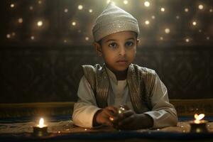 ai gerado a encantador mundo do uma criança - uma jovem muçulmano Garoto dentro uma rico, cultural configuração foto