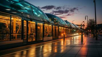 ai gerado uma foto do elétrico ônibus forrado acima às uma centro da cidade transito eixo. generativo ai