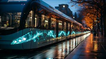 ai gerado uma foto do elétrico ônibus forrado acima às uma centro da cidade transito eixo. generativo ai