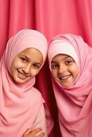 ai gerado dois jovem meninas vestindo Rosa muçulmano traje, posando alegremente para a Câmera. foto