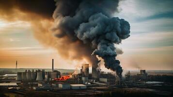 ai gerado uma foto do denso fábrica fumaça ondulante a partir de uma ampla industrial instalação. generativo ai