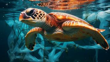 ai gerado uma foto do uma mar tartaruga enredado dentro plástico desperdício. generativo ai