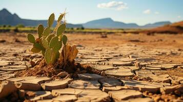 ai gerado uma foto do uma ressecado deserto panorama com rachado terra e uma cacto. generativo ai