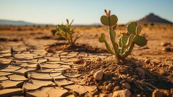 ai gerado uma foto do uma ressecado deserto panorama com rachado terra e uma cacto. generativo ai