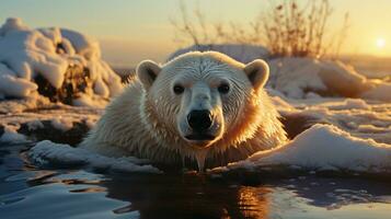 ai gerado uma foto do uma polar Urso encalhado em uma rapidamente Derretendo gelo floe dentro a ártico oceano às nascer do sol. generativo ai