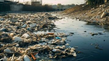 ai gerado uma foto do uma poluído margem do rio com descartado desperdício e contaminado água. generativo ai