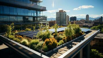 ai gerado uma foto do uma centro da cidade arranha-céus energia eficiente características, tal Como solar painéis e verde telhados. generativo ai
