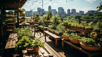 ai gerado uma foto do uma centro da cidade telhado jardim ou urbano fazenda, ilustrando esforços para reduzir a urbano calor ilha efeito e promover local Comida Produção. generativo ai