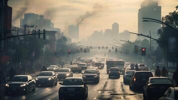 ai gerado uma foto do uma ocupado urbano interseção envelope dentro smog e poluição. generativo ai