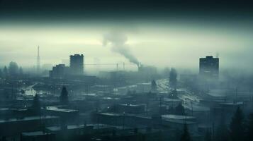 ai gerado uma foto do uma paisagem urbana envolto dentro cedo manhã névoa e fábrica fumaça. generativo ai