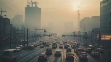 ai gerado uma foto do uma ocupado urbano interseção envelope dentro smog e poluição. generativo ai