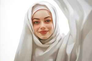 ai gerado lindo islâmico mulher vestindo uma branco lenço de cabeça foto