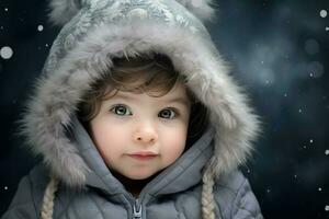 ai gerado uma fofa menina dentro a neve , uma fofa pequeno menina é vestindo uma peludo chapéu e cachecol dentro inverno ai gerado foto