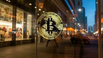 ai gerado foto do uma bitcoin logotipo em uma montra janela. generativo ai