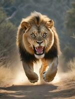 ai gerado leão ataque, realista imagens do selvagem animal ataques foto
