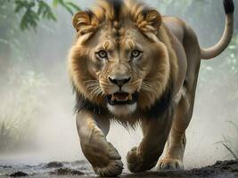 ai gerado leão ataque, realista imagens do selvagem animal ataques foto