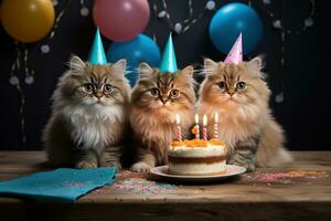ai gerado três fofo gatos dentro festivo cápsulas comemoro uma aniversário às uma de madeira mesa com uma bolo. gerado de artificial inteligência foto