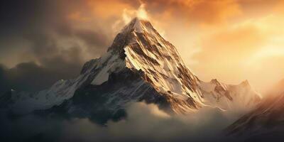 ai gerado nascer do sol sobre a himalaia montanhas, uma nebuloso céu com uma pico dentro a distância, generativo ai. foto