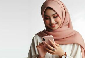 ai gerado ásia mulher hijabi usando Smartphone isolado em branco fundo foto